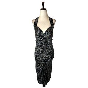 Betsey Johnson Dress Women 8 Black Tan Animal Print Silk Ruched Halter‎ Midi